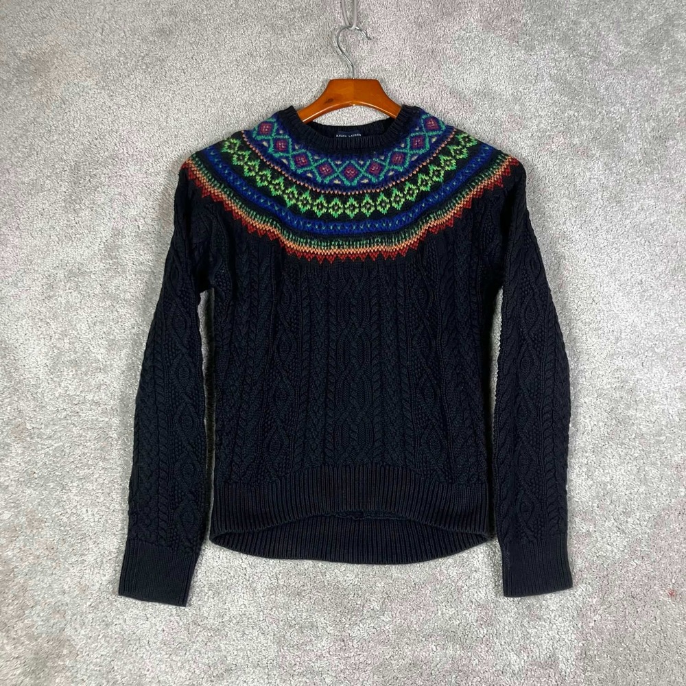 Ralph Lauren Sweater Youth Kids XL Black Fair Isle Cable Knit Wool Blend